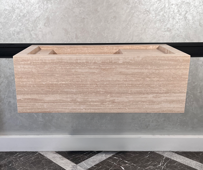 Beige Travertine Stone Handcrafted Custom Bathroom Sink with Natural Stone Veining