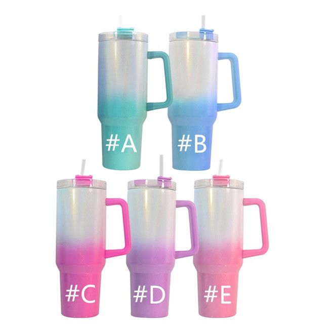 40oz Sublimation Ombre Glitter Holographic Stainless Tumbler w/ Handle