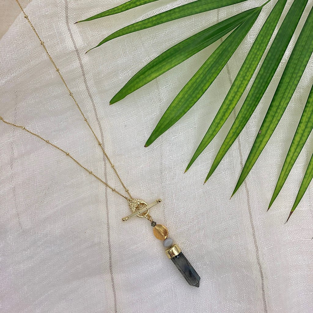 Labradorite Lariat Necklace Large Pendant Satellite Chain Bar Circle Closure