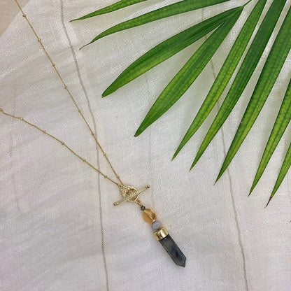 Labradorite Lariat Necklace Large Pendant Satellite Chain Bar Circle Closure