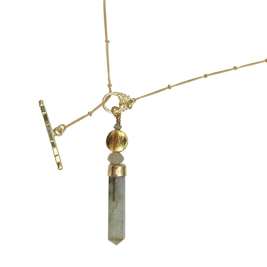 Labradorite Lariat Necklace Large Pendant Satellite Chain Bar Circle Closure