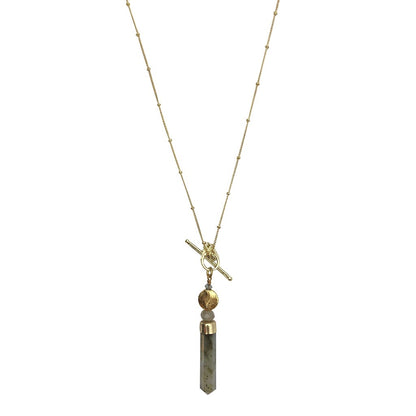 Labradorite Lariat Necklace Large Pendant Satellite Chain Bar Circle Closure