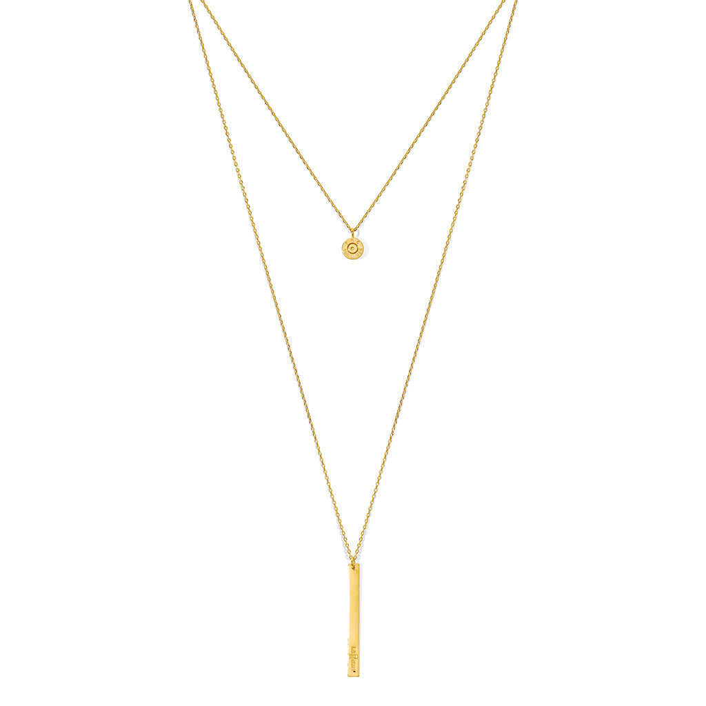 Layered Bullet Necklace Gold Plated Double Chain Recycled Brass Bar Khmer Peace