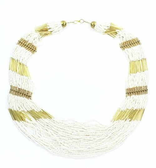 Layered White Bead Necklace With Gold Tube Accents