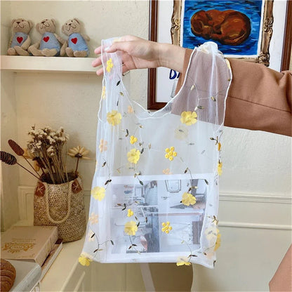 Lightweight Organza Tote Bag with Embroidered Floral Design