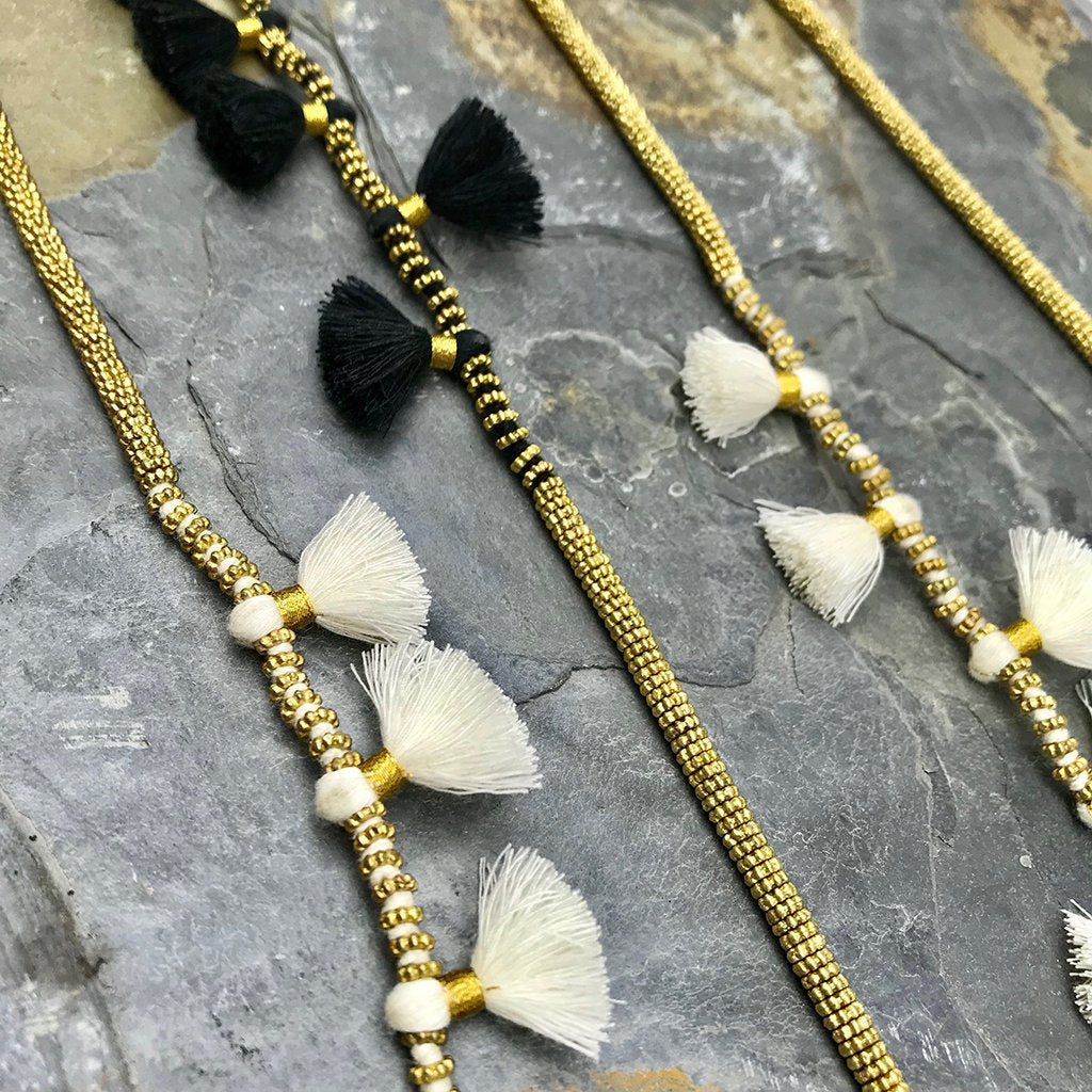 Long Cotton Tassel Necklace 23" Handmade Boho Indian Style Zinc Alloy Beads