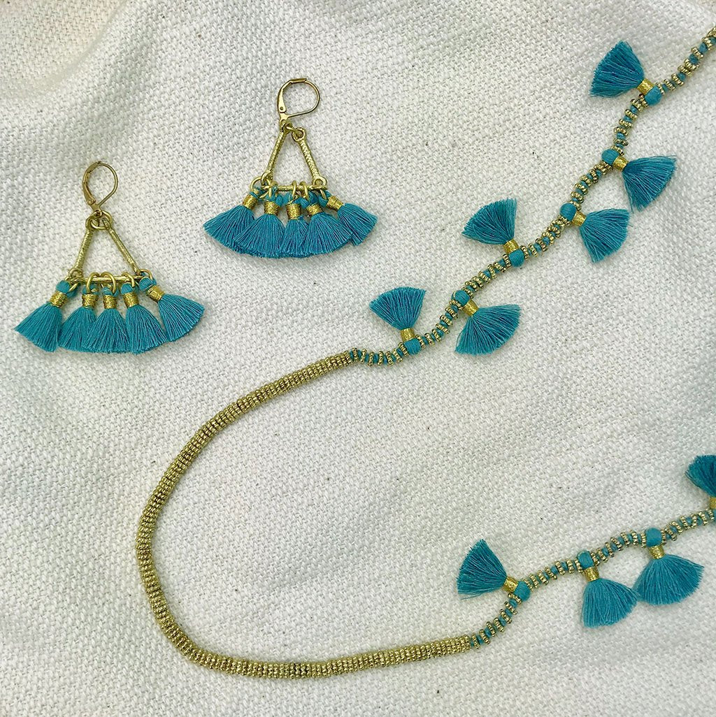 Long Cotton Tassel Necklace 23" Handmade Boho Indian Style Zinc Alloy Beads