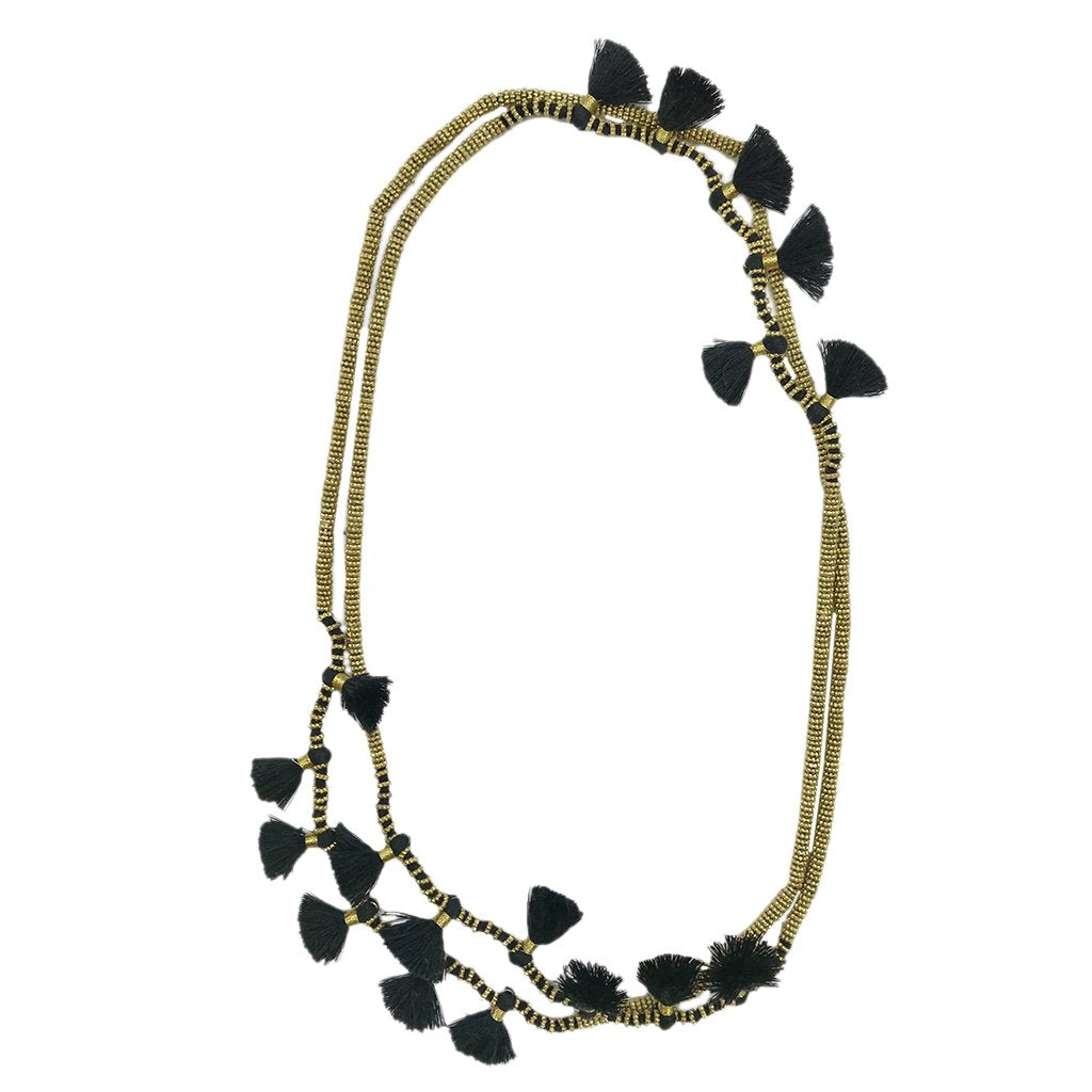 Long Cotton Tassel Necklace 23" Handmade Boho Indian Style Zinc Alloy Beads