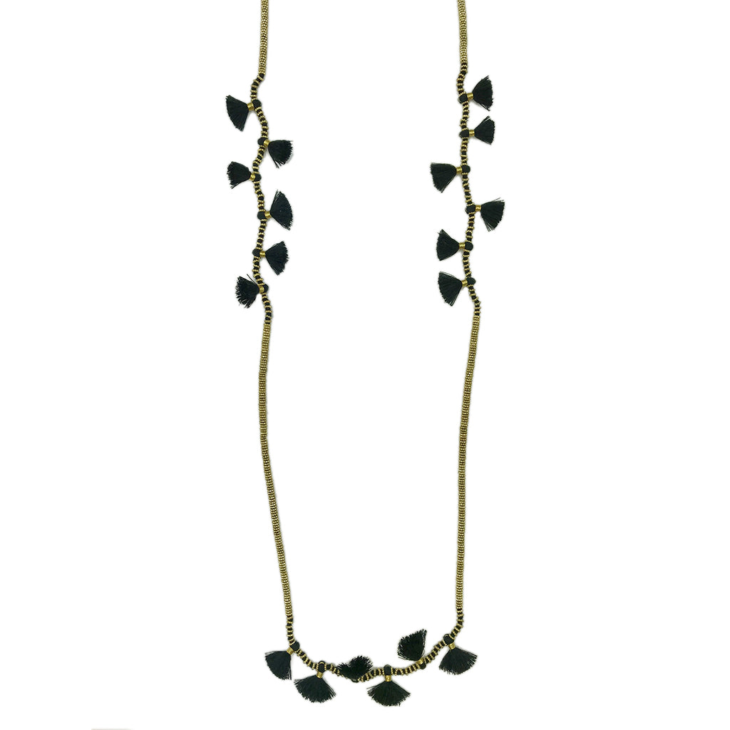 Long Cotton Tassel Necklace 23" Handmade Boho Indian Style Zinc Alloy Beads