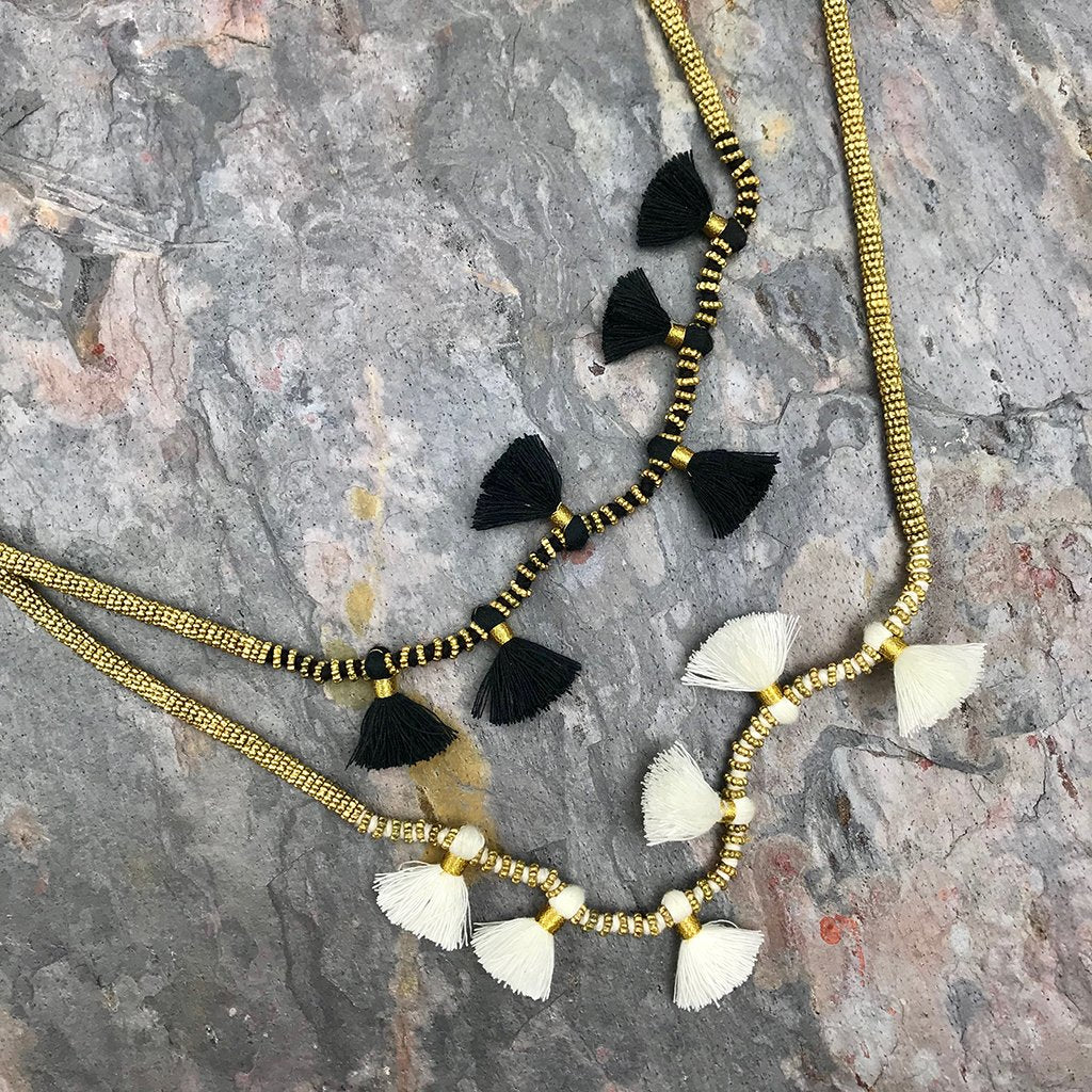 Long Cotton Tassel Necklace 23" Handmade Boho Indian Style Zinc Alloy Beads