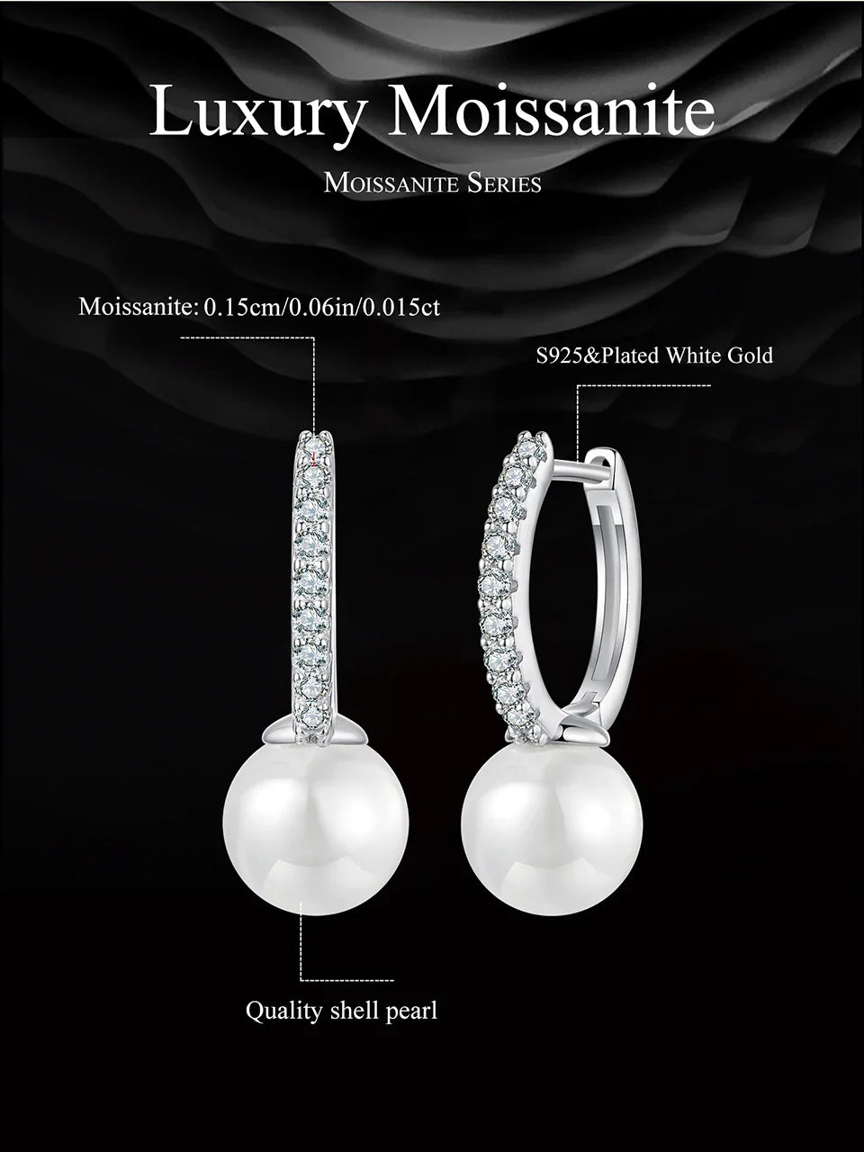 Moissanite Shell Pearl Drop Hoop Earrings in Sterling Silver