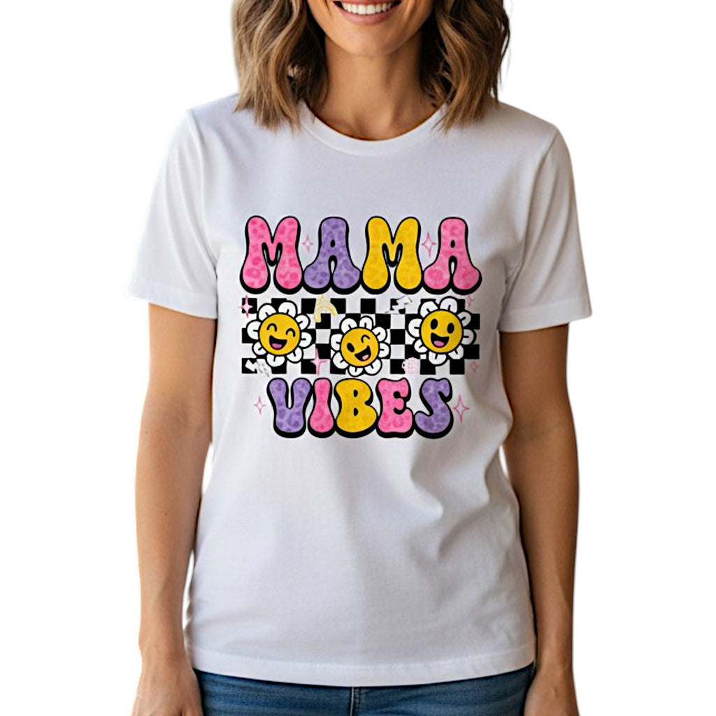 Trendy Checkerboard Mama Vibes Shirt 100% Cotton Short Sleeve Casual Aesthetic Apparel