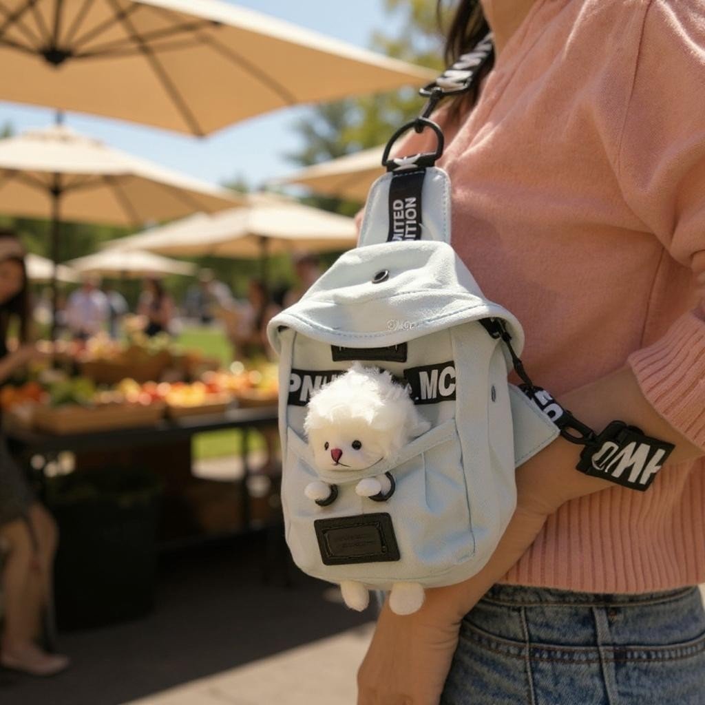 Kawaii Denim Crossbody Sling Bag with Sheep Charm Adjustable Strap