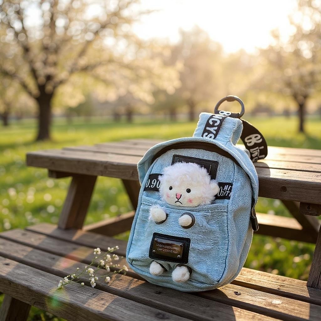 Kawaii Denim Crossbody Sling Bag with Sheep Charm Adjustable Strap