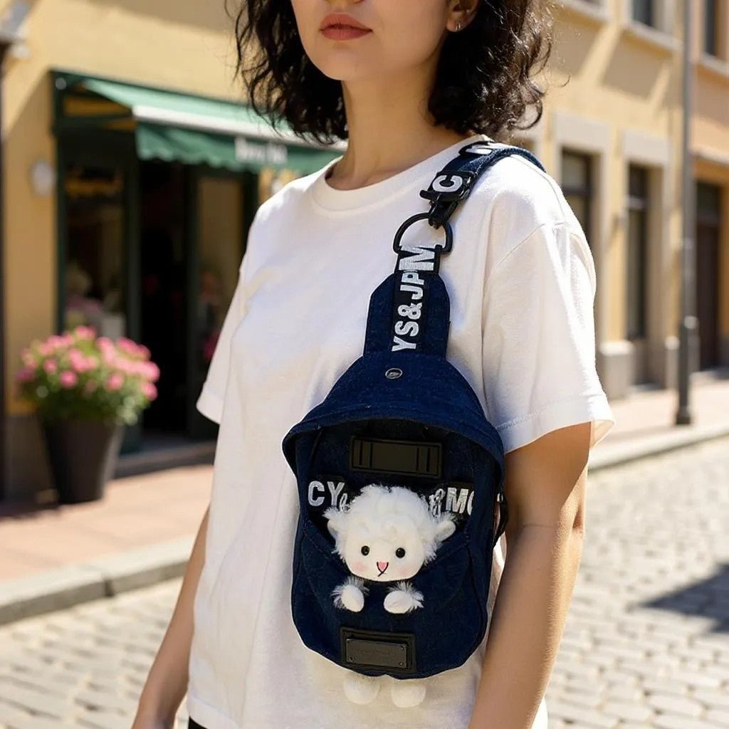 Kawaii Denim Crossbody Sling Bag with Sheep Charm Adjustable Strap