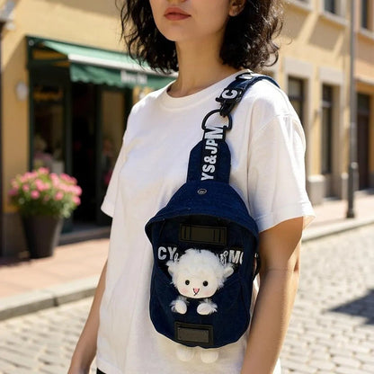 Kawaii Denim Crossbody Sling Bag with Sheep Charm Adjustable Strap