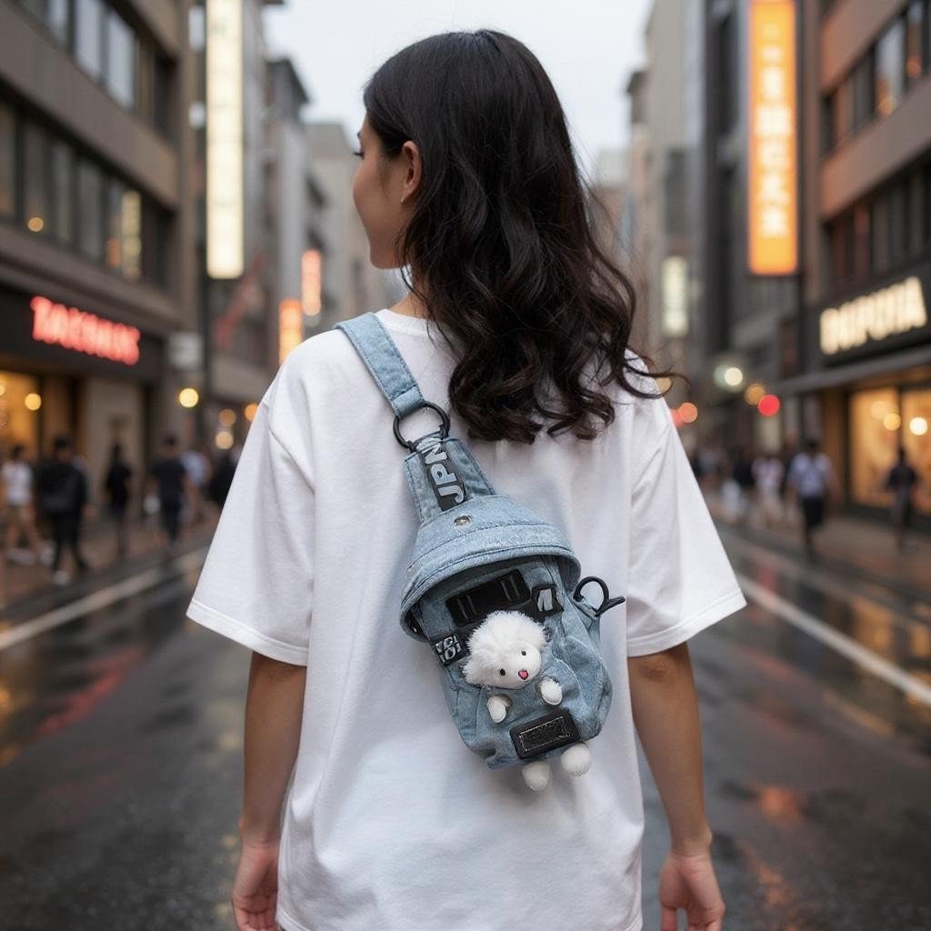 Kawaii Denim Crossbody Sling Bag with Sheep Charm Adjustable Strap