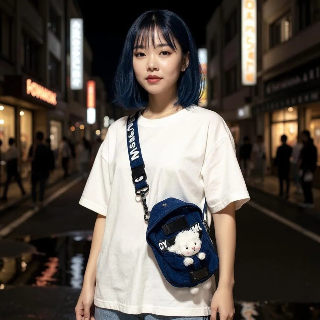Kawaii Denim Crossbody Sling Bag with Sheep Charm Adjustable Strap