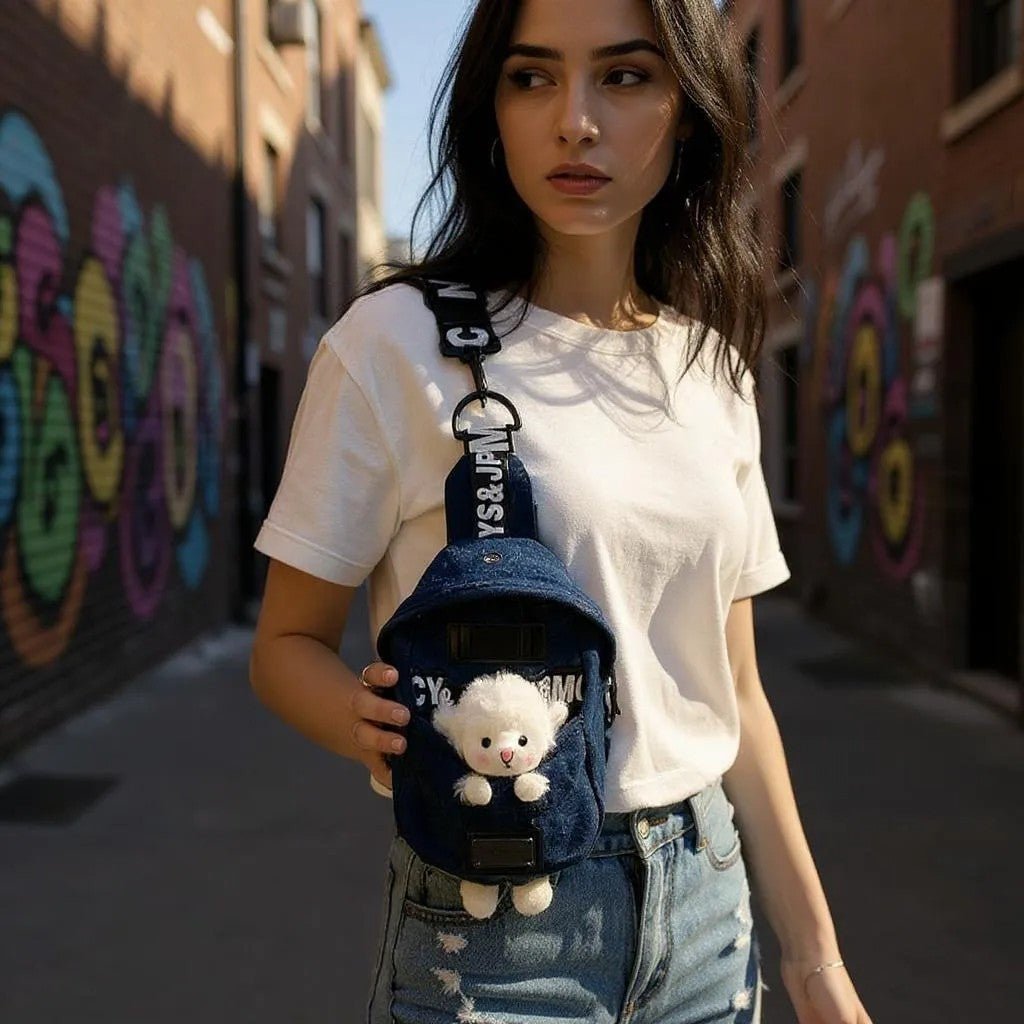 Kawaii Denim Crossbody Sling Bag with Sheep Charm Adjustable Strap