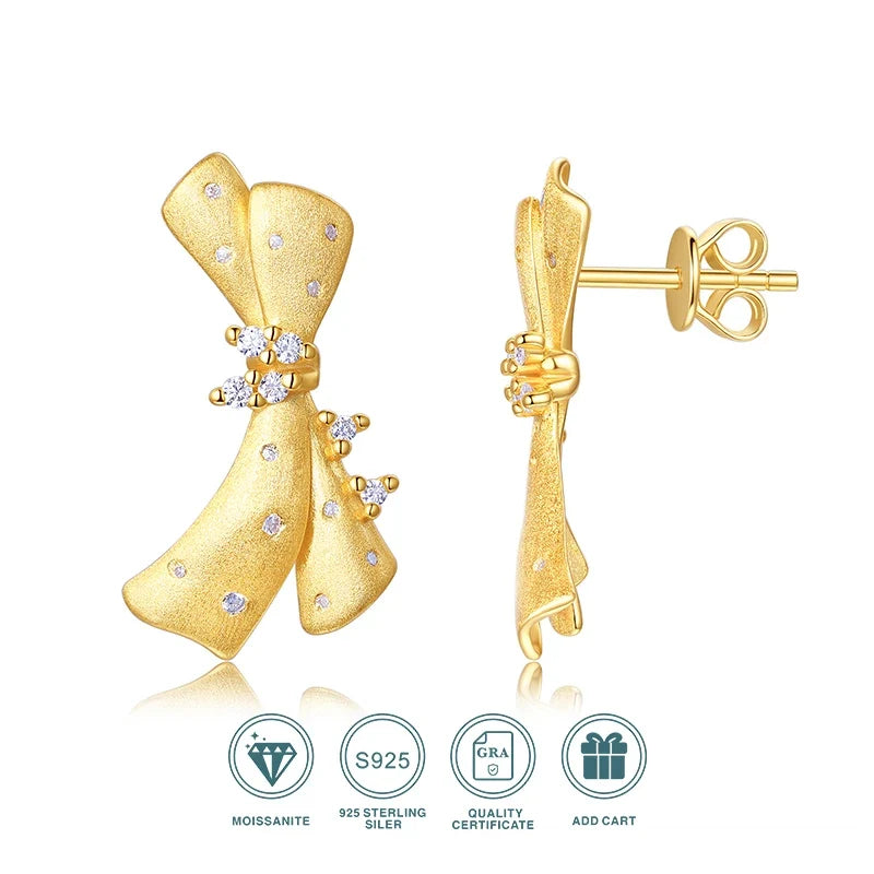 Gold-Tone Moissanite Ribbon Bow Stud Earrings