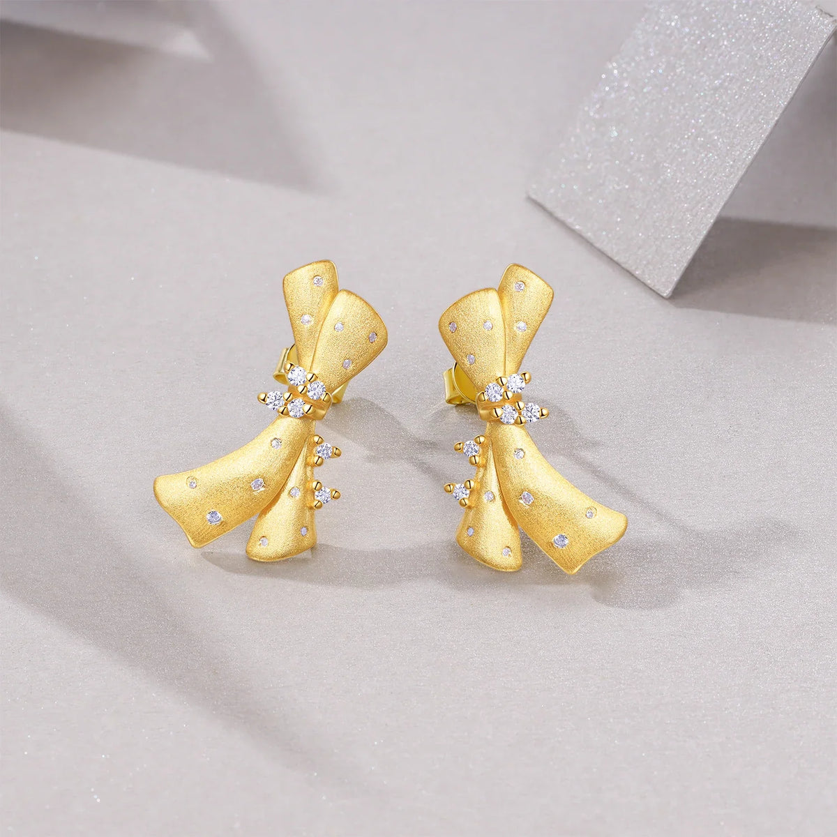 Gold-Tone Moissanite Ribbon Bow Stud Earrings
