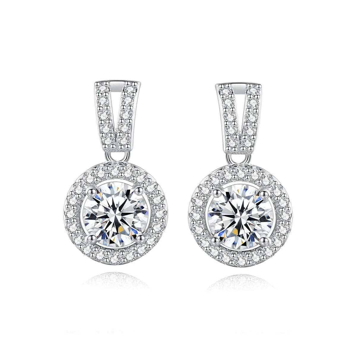 Moissanite Round Halo Drop Earrings in Sterling Silver