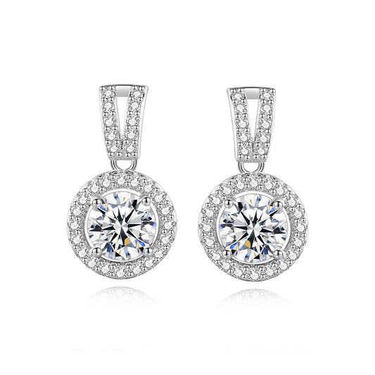 Moissanite Round Halo Drop Earrings in Sterling Silver