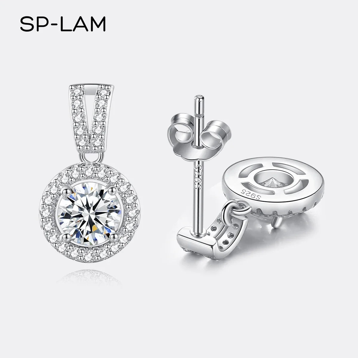 Moissanite Round Halo Drop Earrings in Sterling Silver