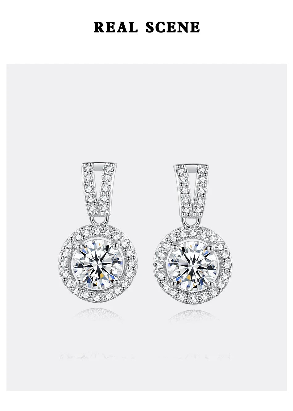 Moissanite Round Halo Drop Earrings in Sterling Silver