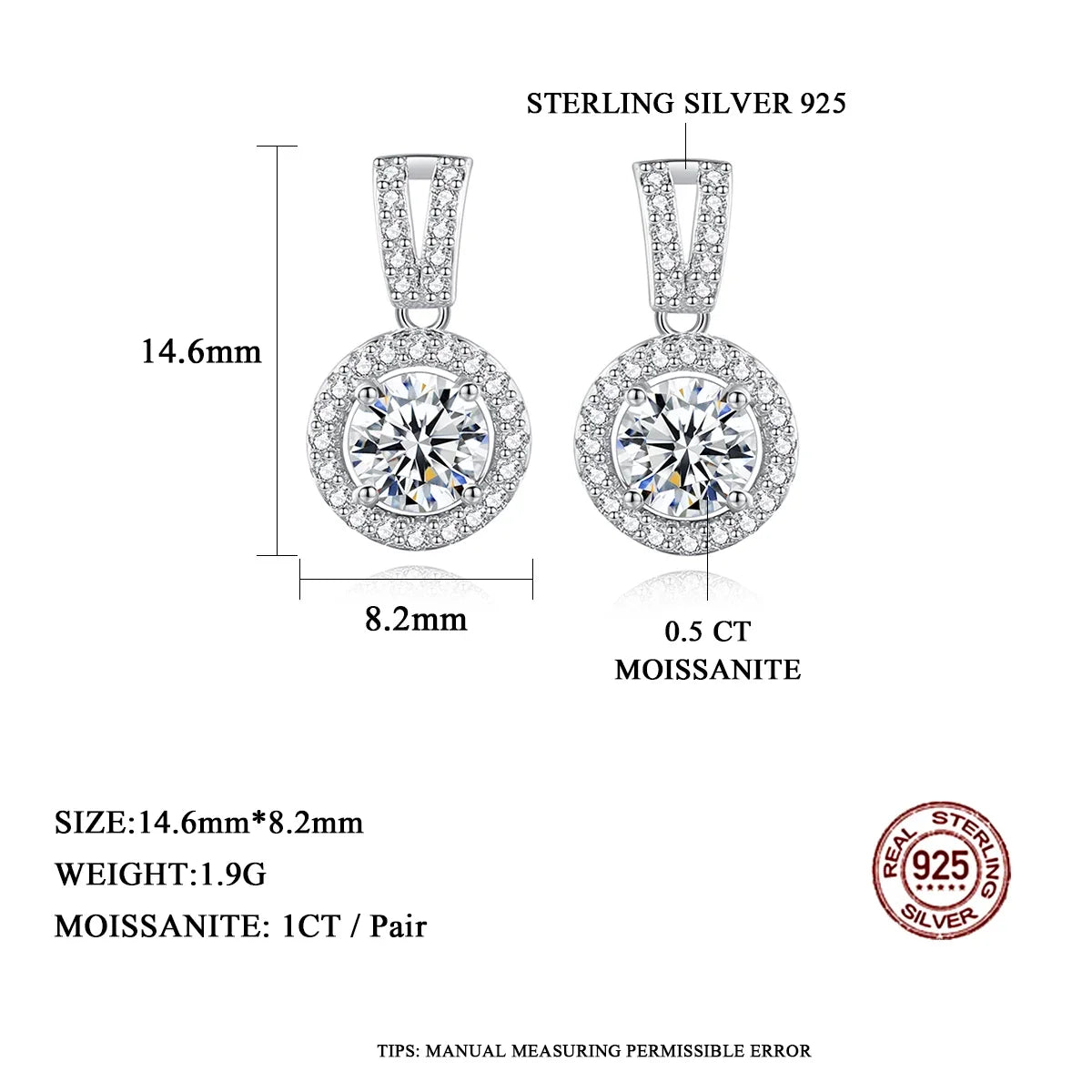 Moissanite Round Halo Drop Earrings in Sterling Silver