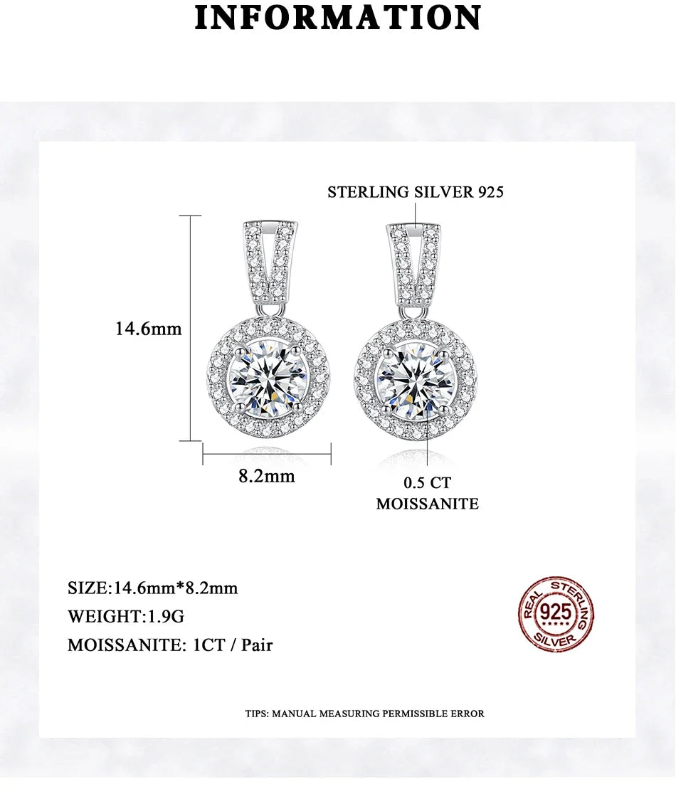 Moissanite Round Halo Drop Earrings in Sterling Silver