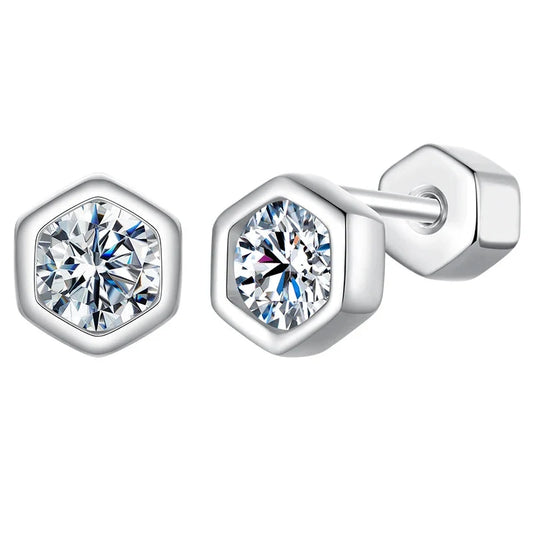 Moissanite Hexagon Bezel Screw-Back Stud Earrings