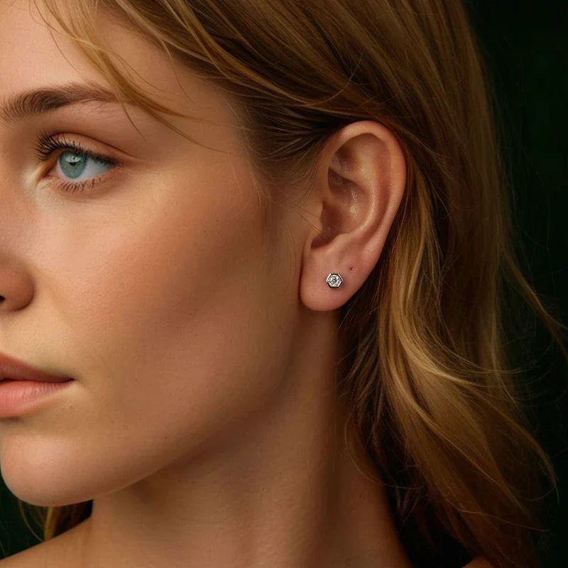 Moissanite Hexagon Bezel Screw-Back Stud Earrings