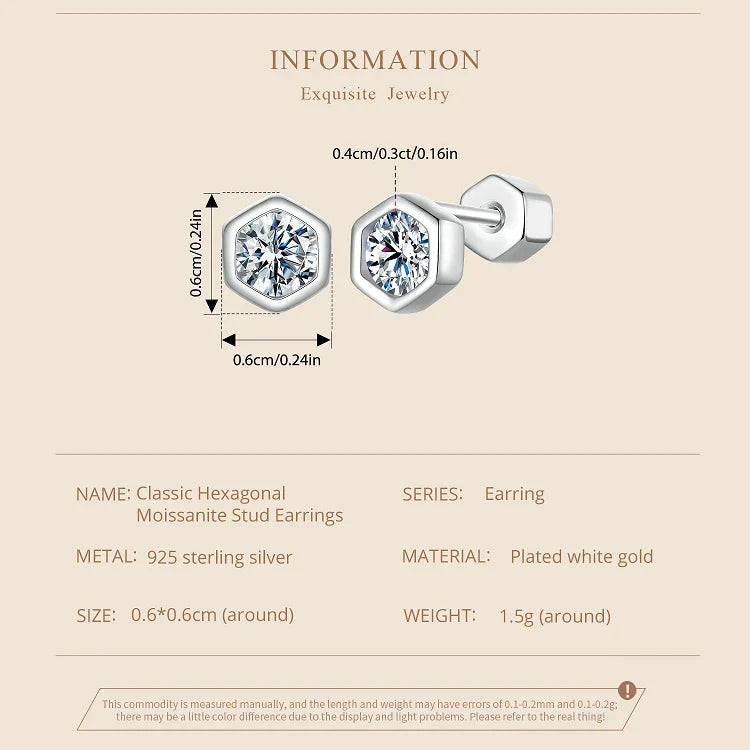 Moissanite Hexagon Bezel Screw-Back Stud Earrings