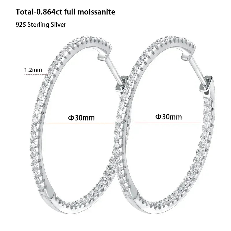 Moissanite Hoop Earrings in Sterling Silver - 30mm or 50mm