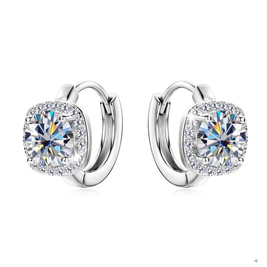 Cushion Halo Moissanite Huggie Earrings in Sterling Silver