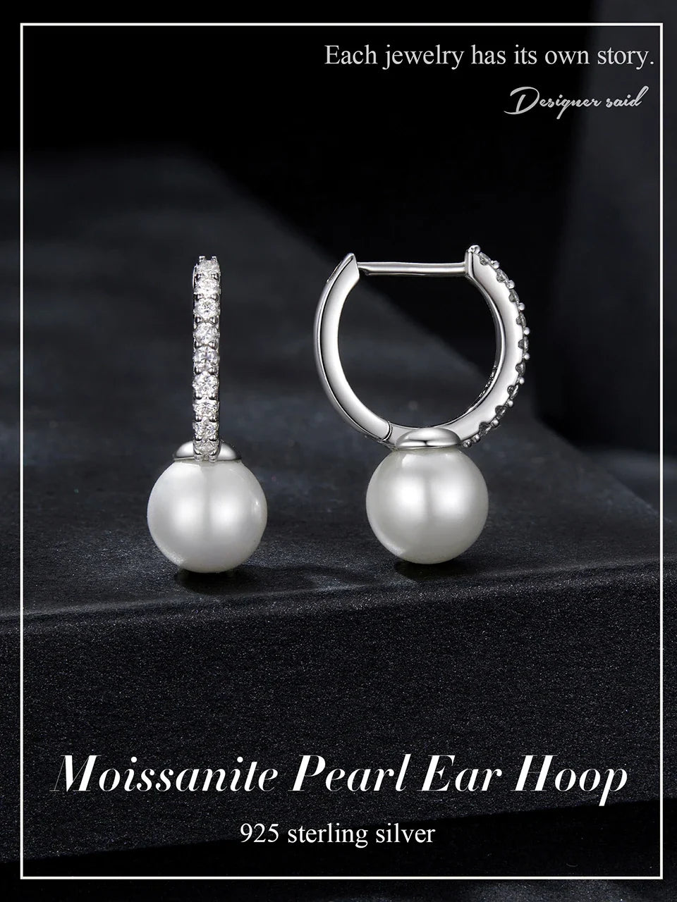 Moissanite Shell Pearl Drop Hoop Earrings in Sterling Silver