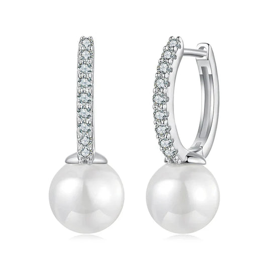 Moissanite Shell Pearl Drop Hoop Earrings in Sterling Silver