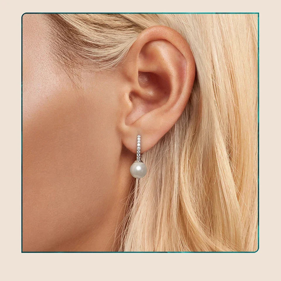 Moissanite Shell Pearl Drop Hoop Earrings in Sterling Silver