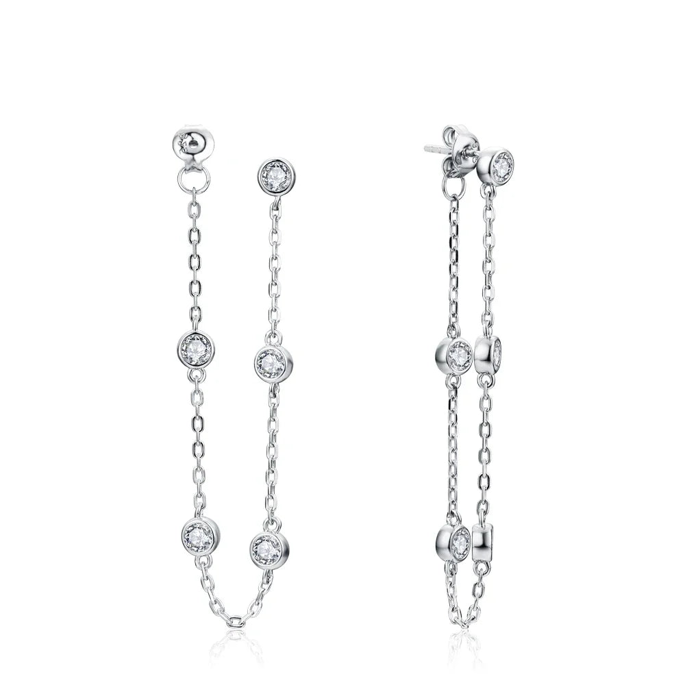 Moissanite Station Chain Drop Earrings in Sterling Silver