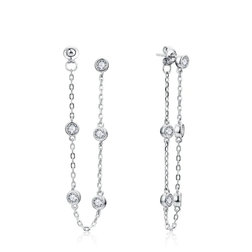 Moissanite Station Chain Drop Earrings in Sterling Silver