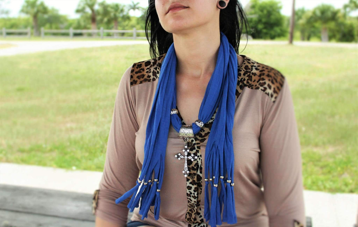 Nautical Blue Cross Pendant Scarf Necklace For Women