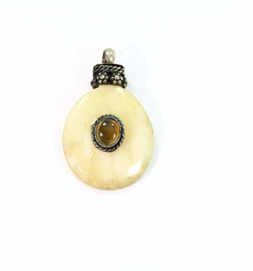 Oval Bone Stone Tribal Pendant Necklace With Turquoise