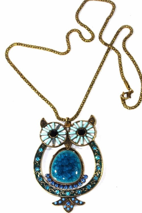 Owl Shimmer Pendant Necklace Long Chain Vintage Crystal