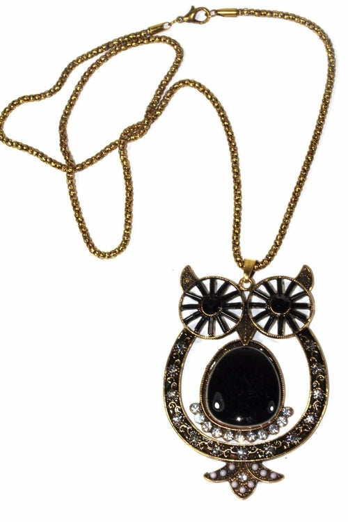 Owl Shimmer Pendant Necklace Long Chain Vintage Crystal