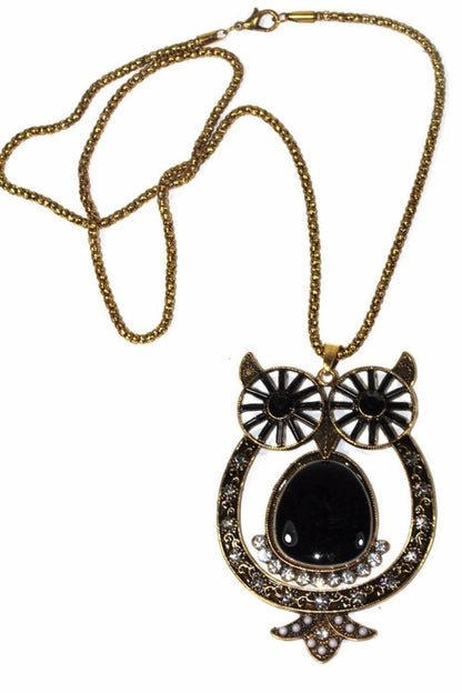 Owl Shimmer Pendant Necklace Long Chain Vintage Crystal