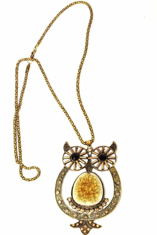 Owl Shimmer Pendant Necklace Long Chain Vintage Crystal