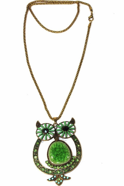 Owl Shimmer Pendant Necklace Long Chain Vintage Crystal