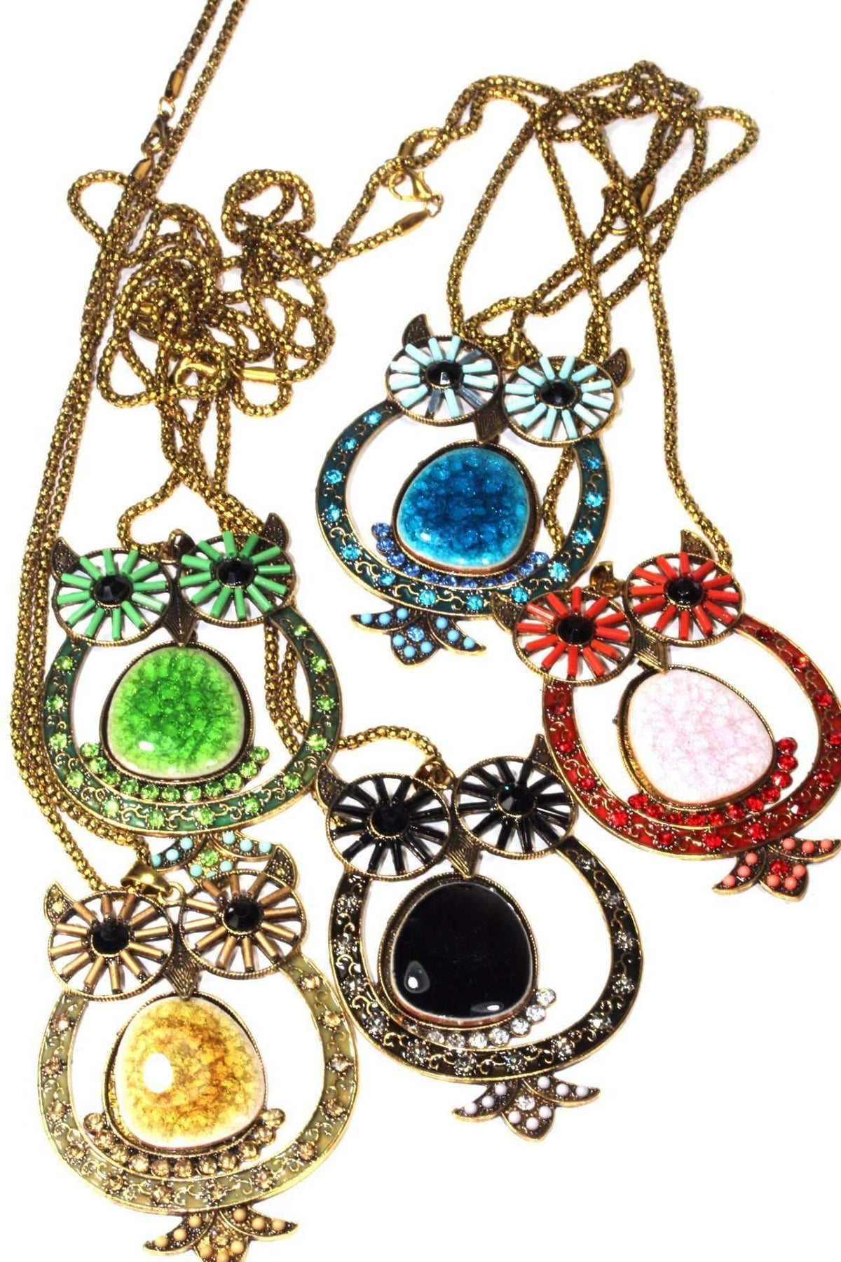Owl Shimmer Pendant Necklace Long Chain Vintage Crystal