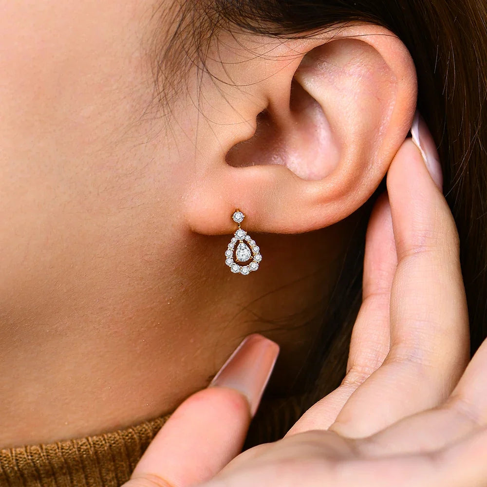 Pear Moissanite Halo Drop Earrings in Sterling Silver
